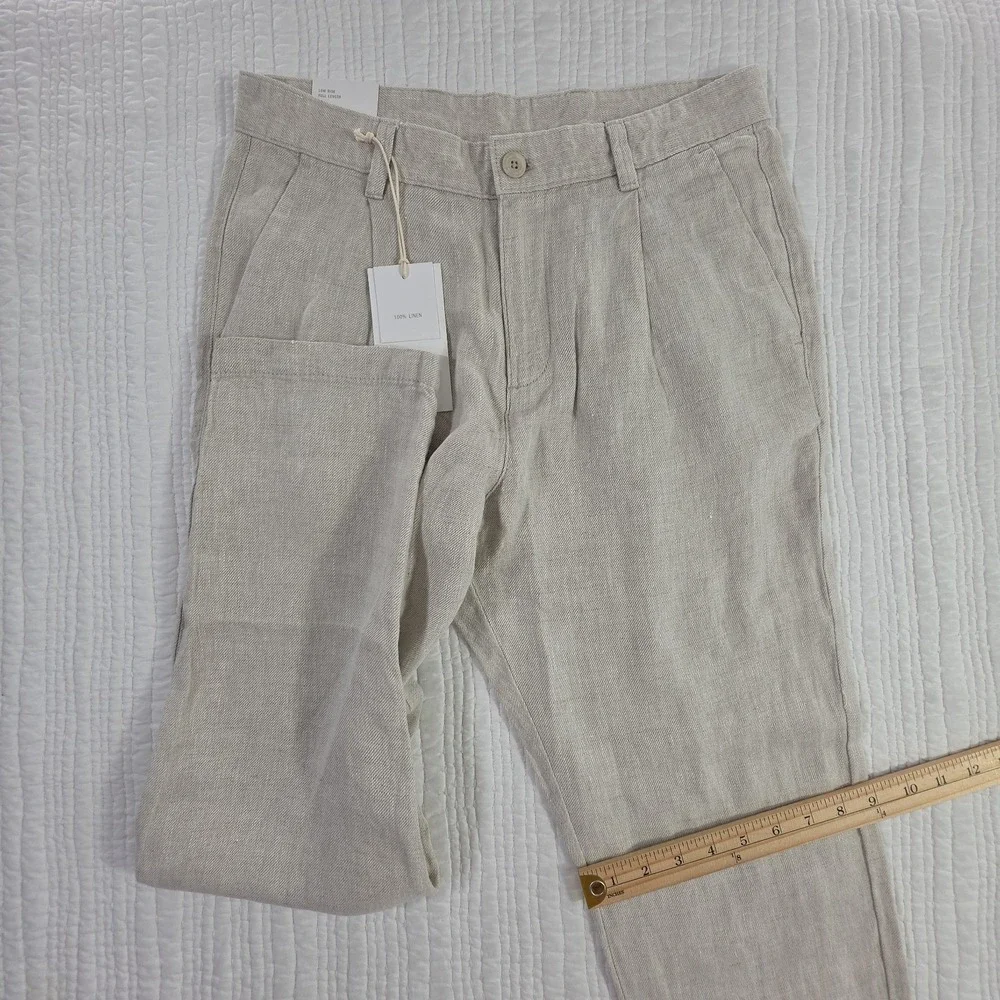 Zara 100% Linen Pants Mens 30x28 Natural Beige Pleated Chino Relaxed Fit NWT